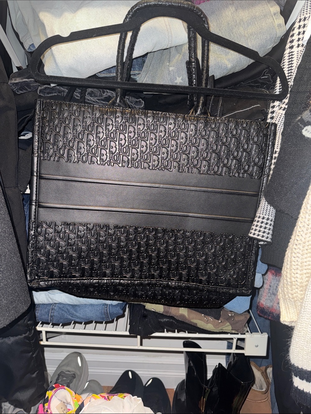 Black Embossed Leather Tote Bag - Designer Style